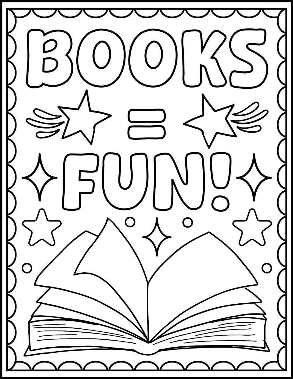 Books = Fun! coloring page: students color the slogan letters, winged stars, sparkles and a large open book below