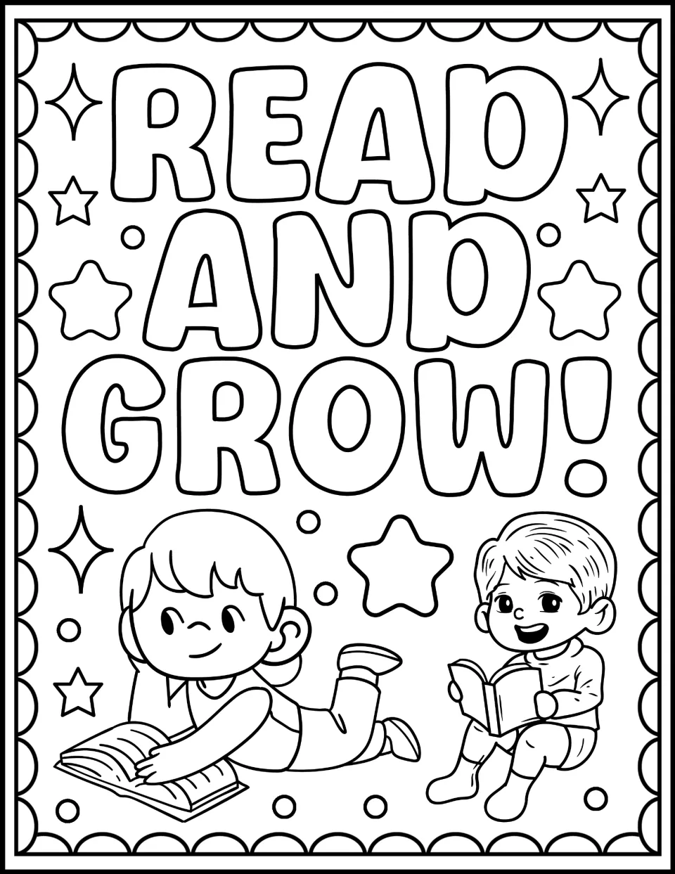 Read and Grow! coloring page: students color a girl lying on her stomach reading and a smiling boy with a small book