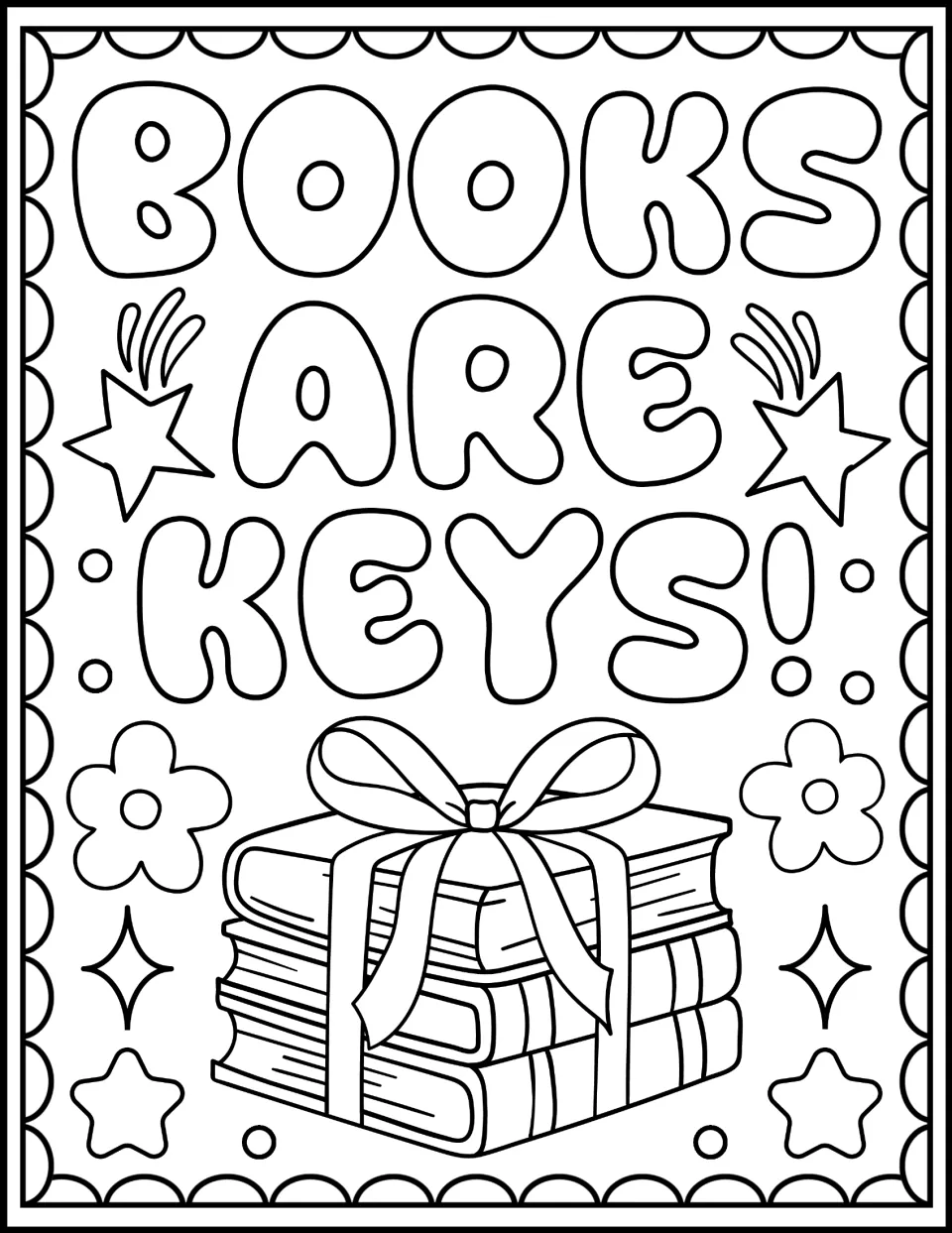 Books Are Keys! coloring page: students color the bubble-letter slogan and a stack of three books tied with a ribbon