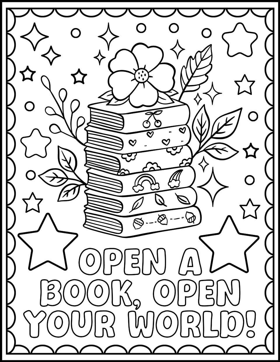 Open a Book, Open Your World! coloring page: students color a stack of six patterned books topped with a flower