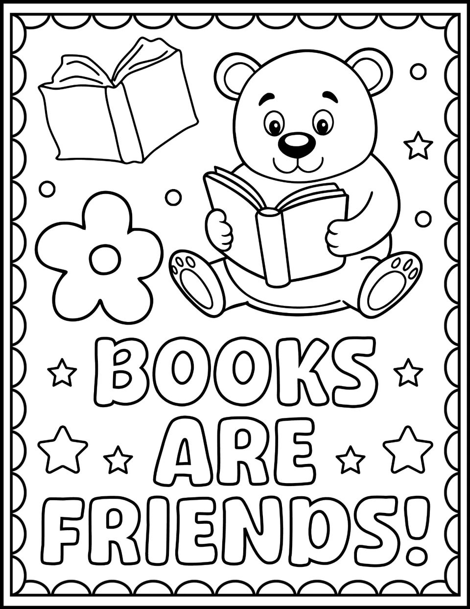 Books Are Friends! coloring page: students color a teddy bear reading a book, an open book, a flower and stars