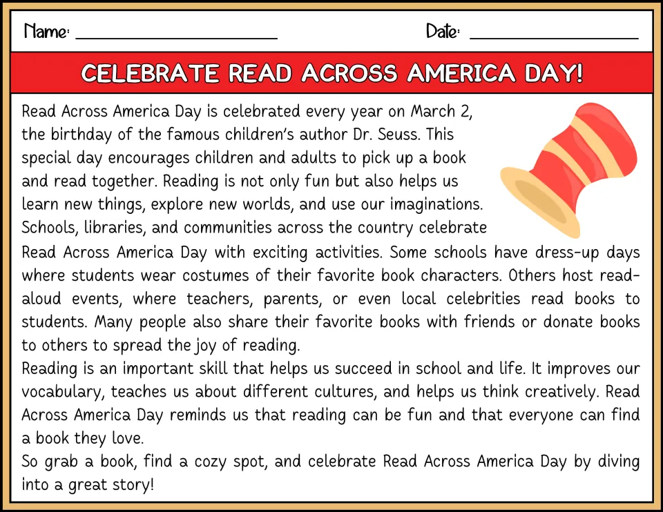 Color reading passage about Read Across America Day on March 2, ways to celebrate, and benefits of reading