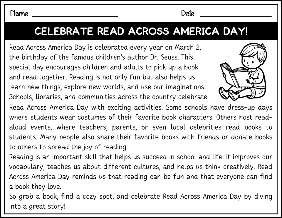 Black-and-white reading passage about March 2 celebrations, reading together, and why reading matters