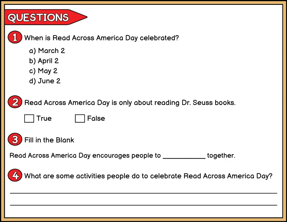 Color questions 1–4 ask about the celebration date, Dr. Seuss books, reading together, and activities