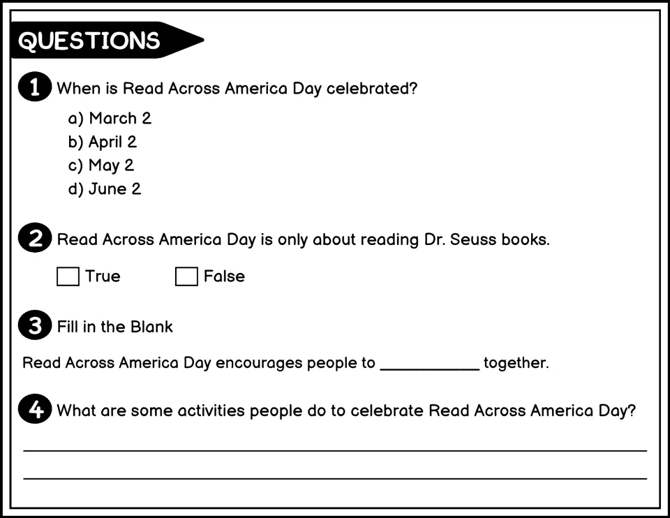 Black-and-white questions 1–4 cover March 2, whether the day is only about Dr. Seuss, and celebrating
