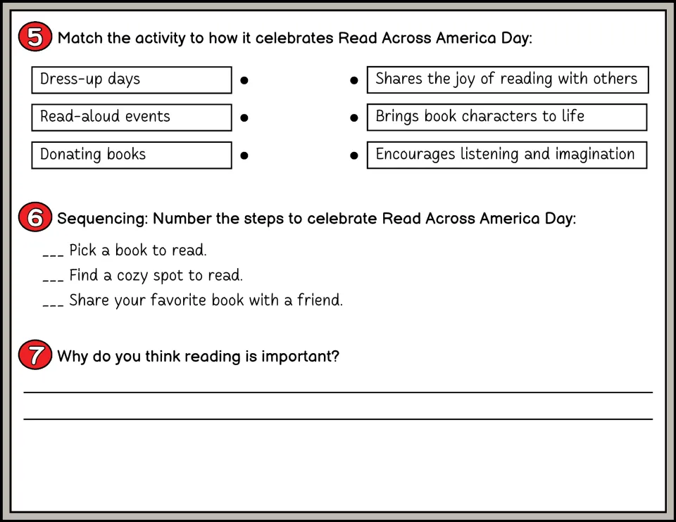 Color questions 5–7 include matching reading activities, sequencing steps, and explaining why reading matters
