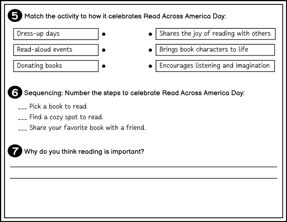 Black-and-white questions 5–7 ask students to match activities, order reading steps, and explain reading's value