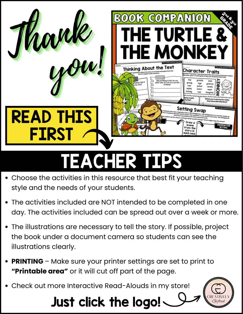 Teacher tips: pick activities to fit your class, spread them over a week or more, and project the book's illustrations