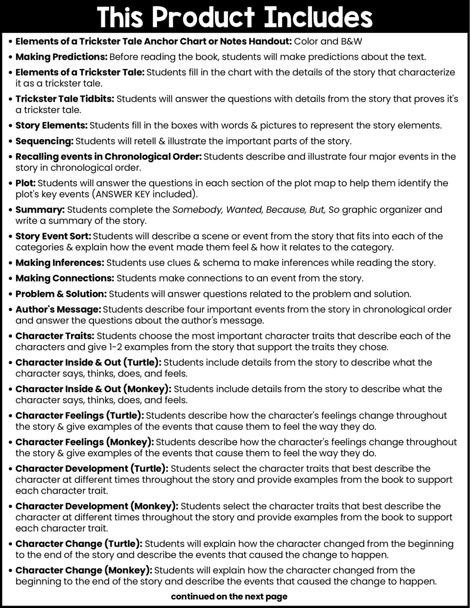 Contents list, part 1: trickster tale, prediction, sequencing, plot, summary and character activities with descriptions