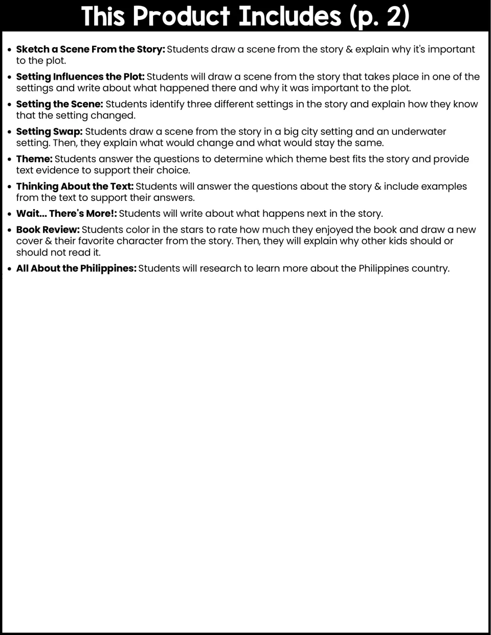 Contents list, part 2: setting, theme, text questions, what happens next, book review and Philippines research pages