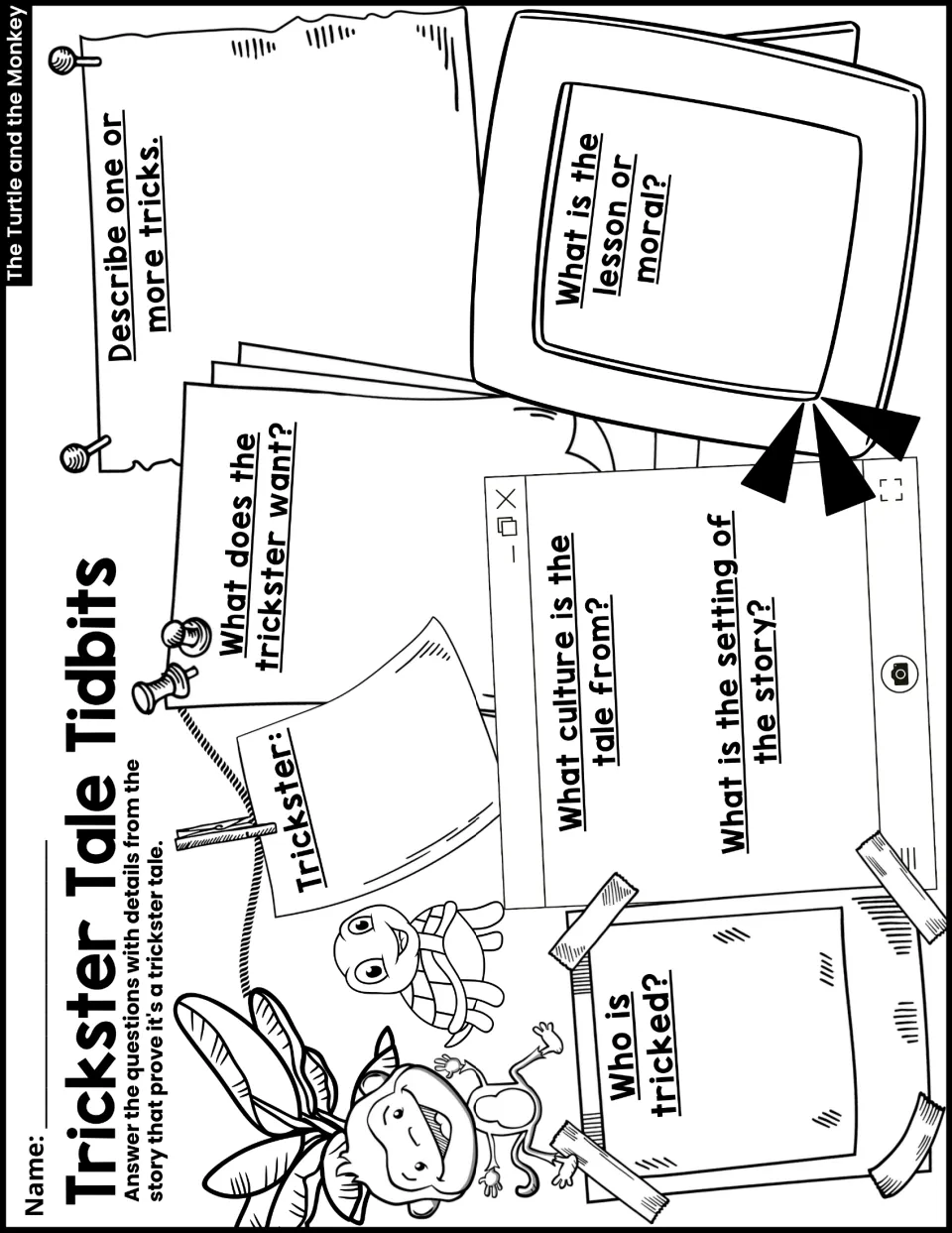Trickster Tale Tidbits: students answer who is tricked, the trickster's goal, culture, setting and moral with story details