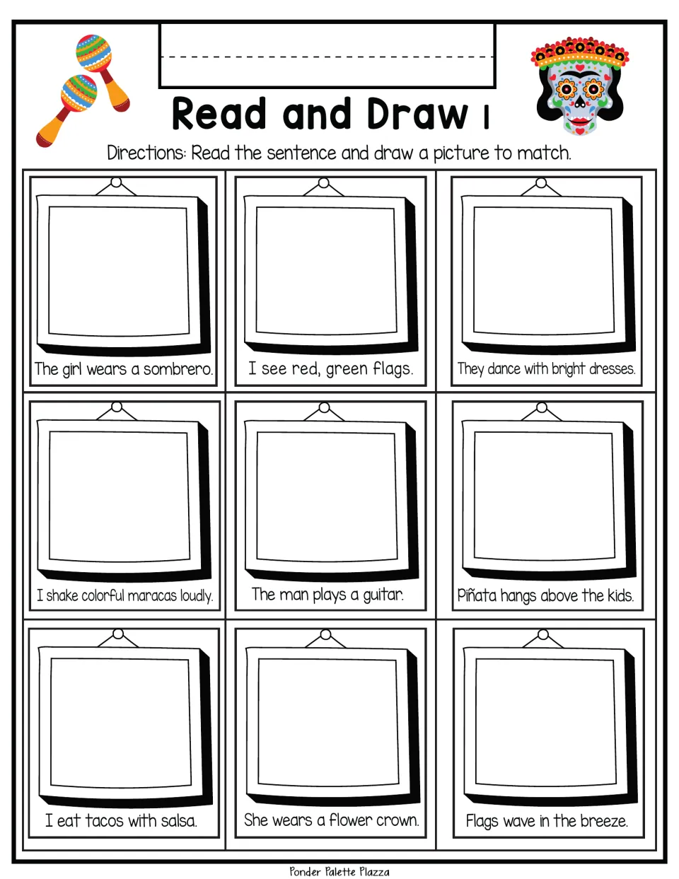 Cinco de Mayo set 1: students read 9 sentences about a sombrero, maracas, a piñata and tacos and draw a picture for each