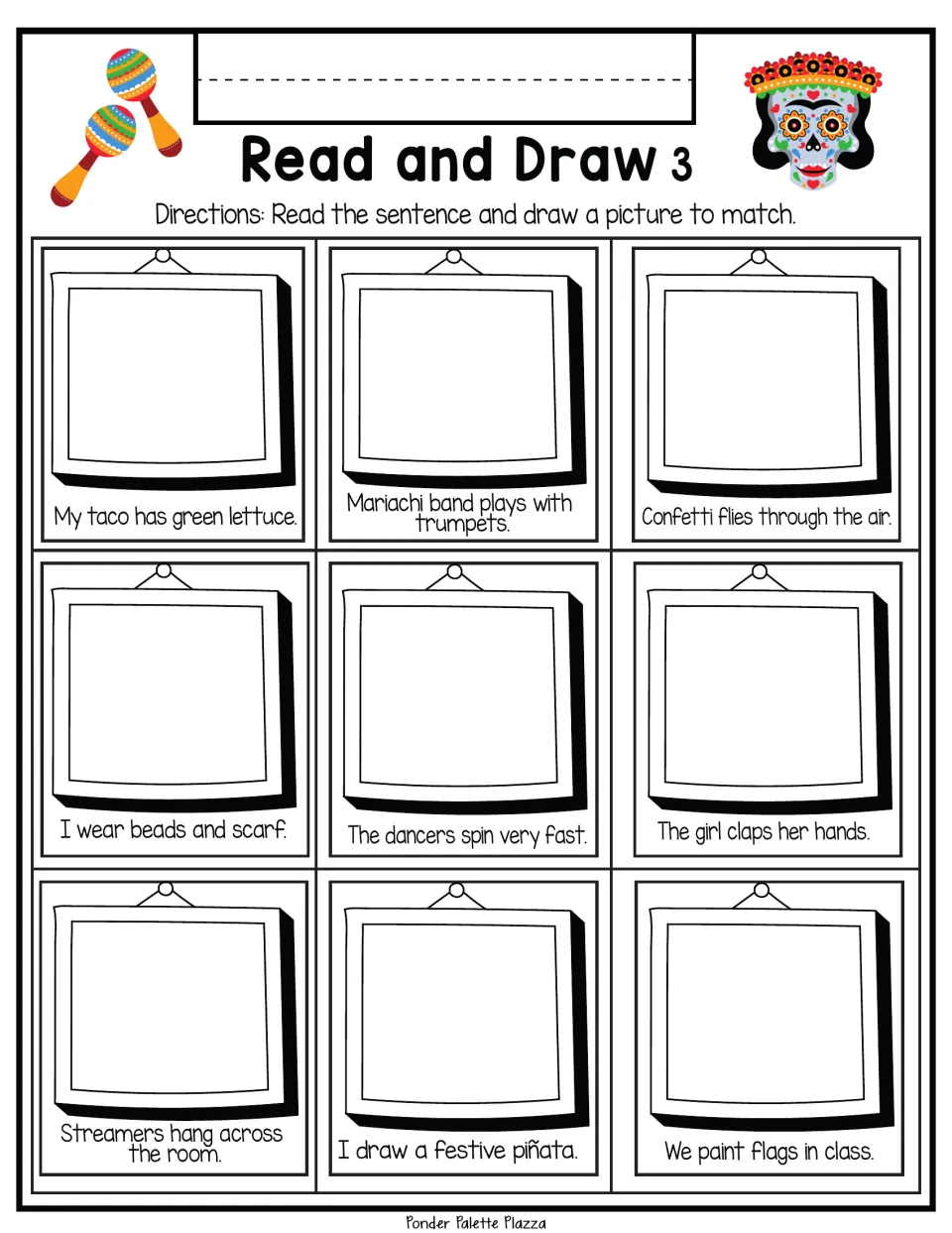 Cinco de Mayo set 3: students read about a mariachi band, confetti, dancers and a piñata, then draw each of the 9 scenes