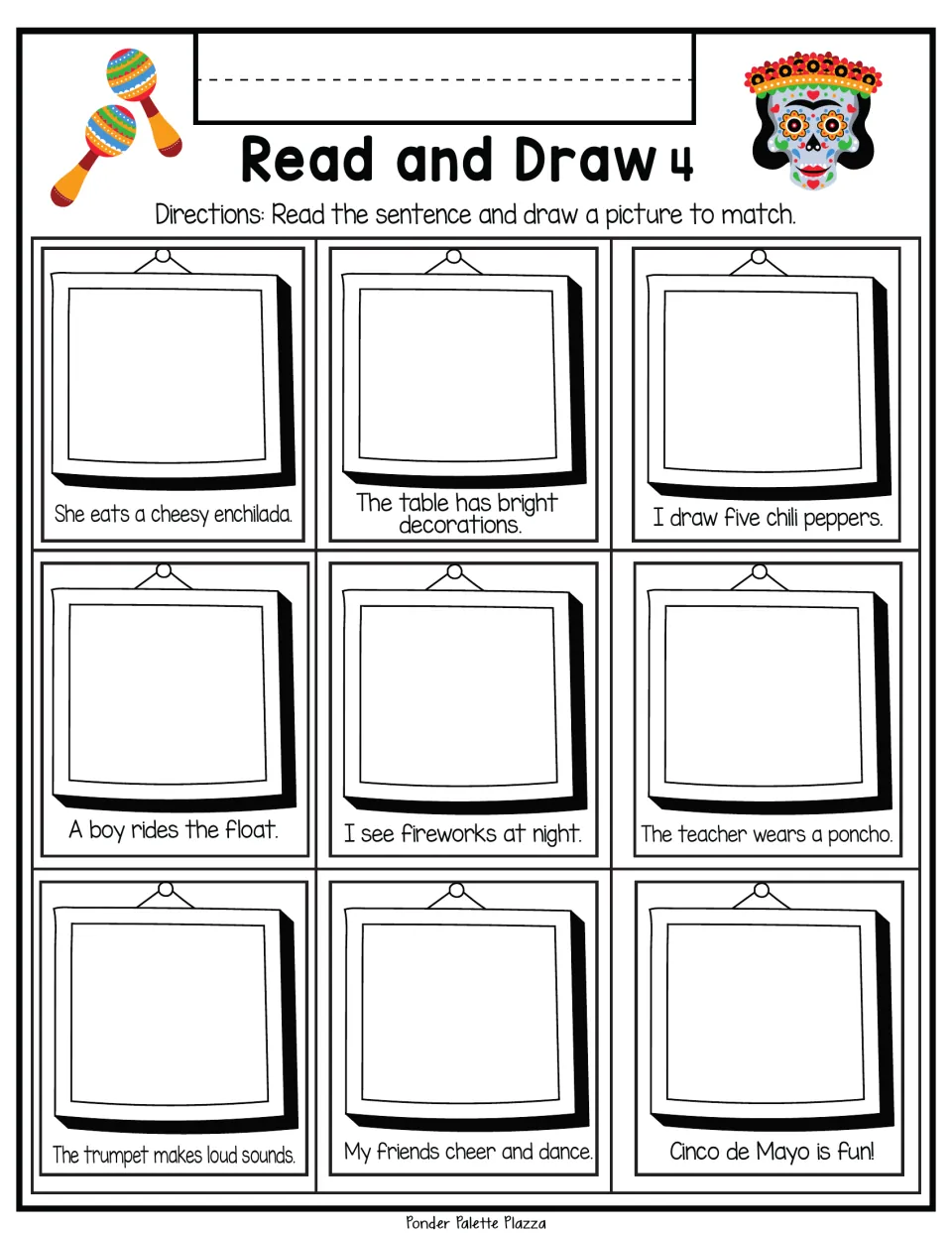 Cinco de Mayo set 4: students draw pictures for 9 sentences about an enchilada, chili peppers, fireworks and a poncho
