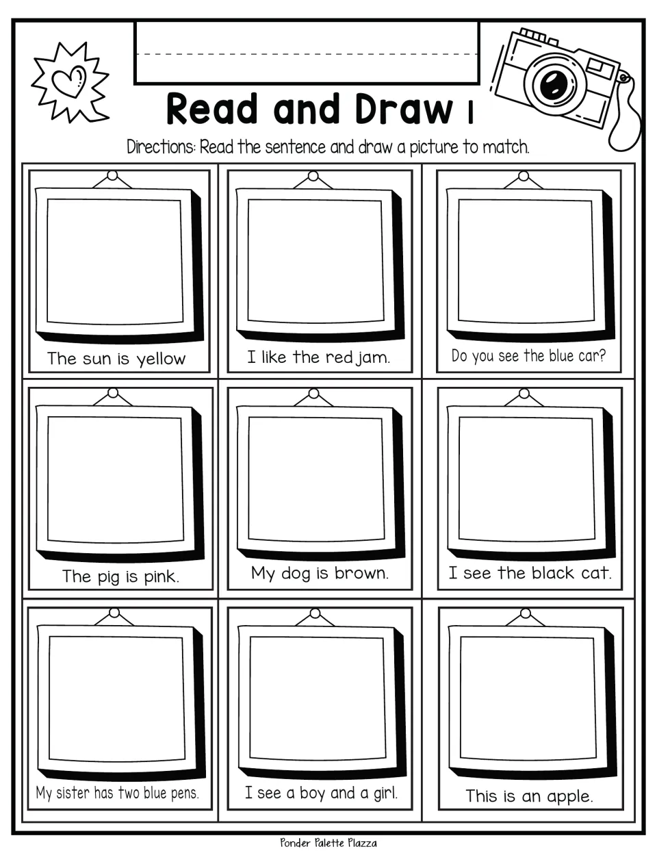 Read-and-draw sheet 1: nine sentences about a yellow sun, red jam, blue car, pink pig, and other subjects.