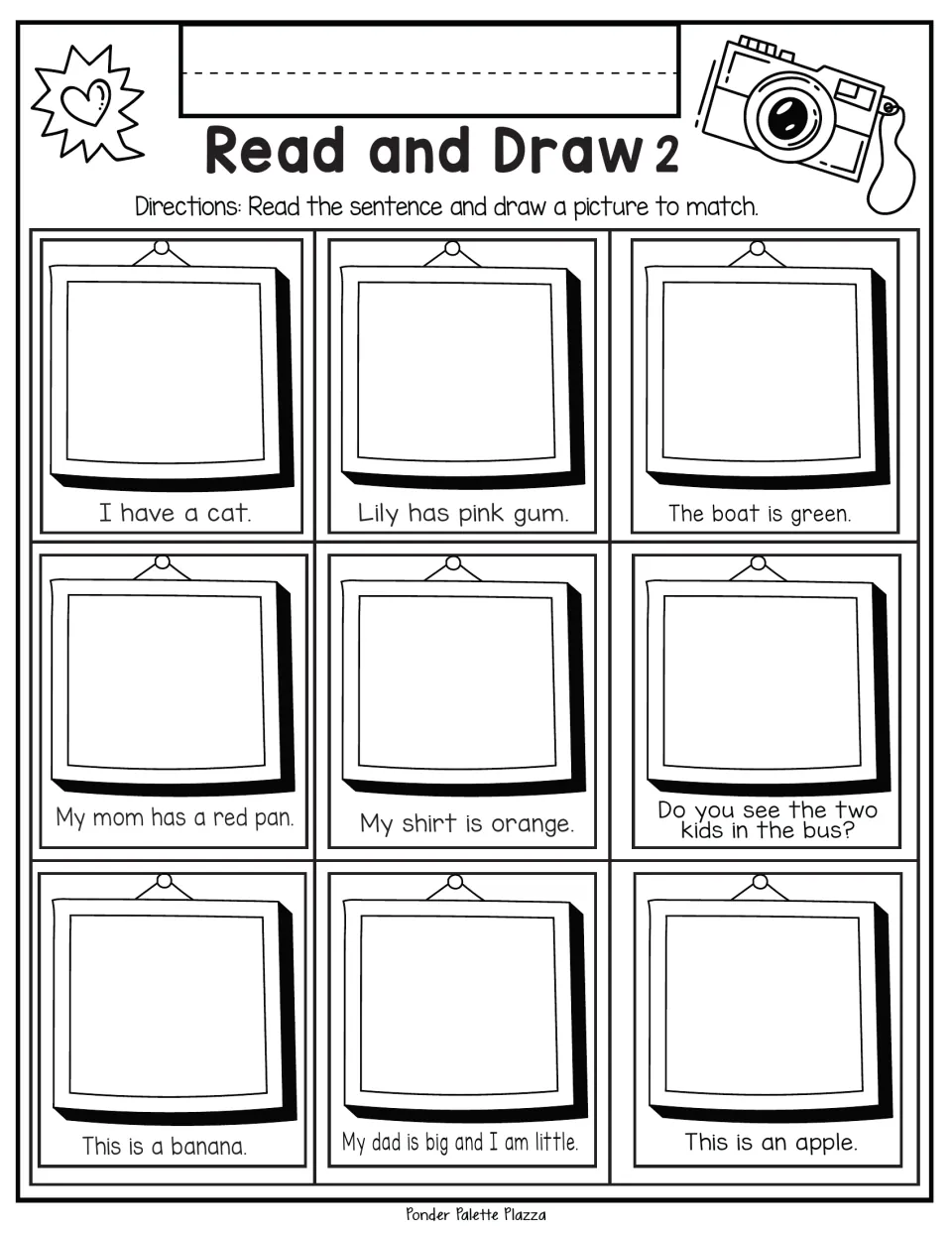 Read-and-draw sheet 2: nine sentences including pink gum, a green boat, an orange shirt, and two bus riders.