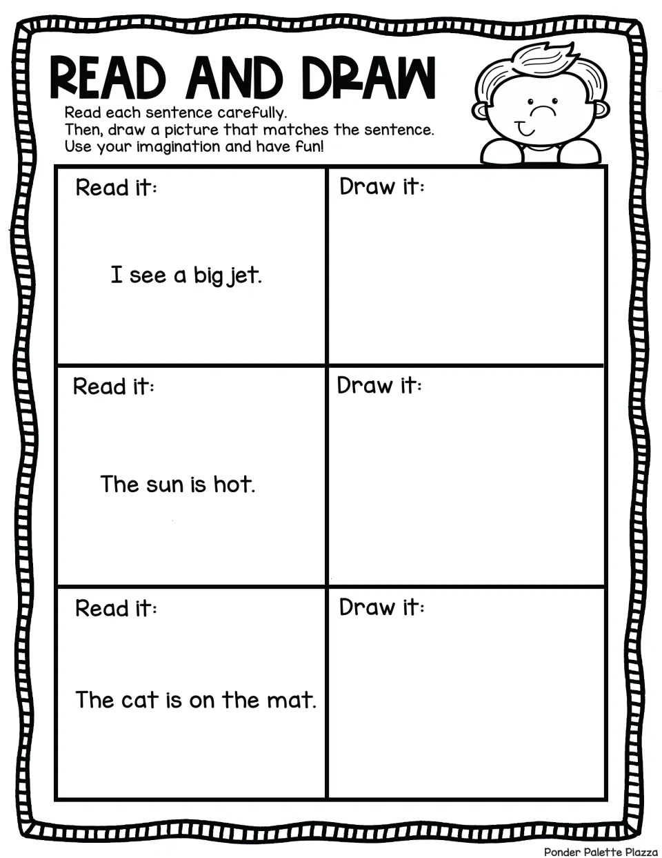 Sentence comprehension: students read I see a big jet, The sun is hot and The cat is on the mat, then draw each one