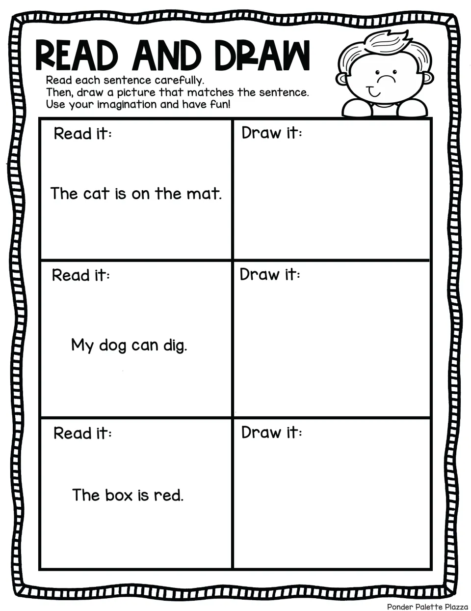 Reading simple sentences: students draw a picture for The cat is on the mat, My dog can dig and The box is red