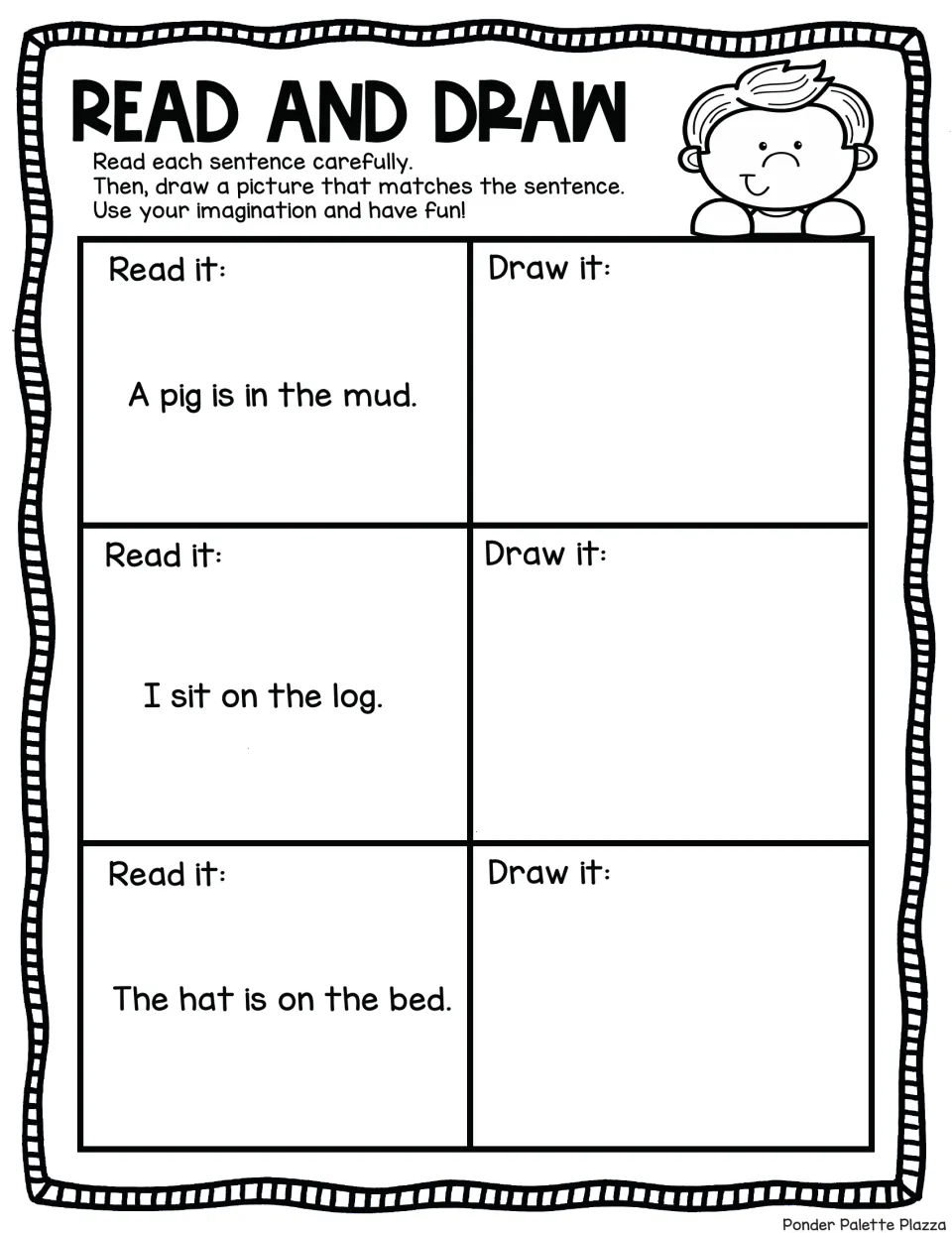 Short-vowel sentence reading: students illustrate A pig is in the mud, I sit on the log and The hat is on the bed