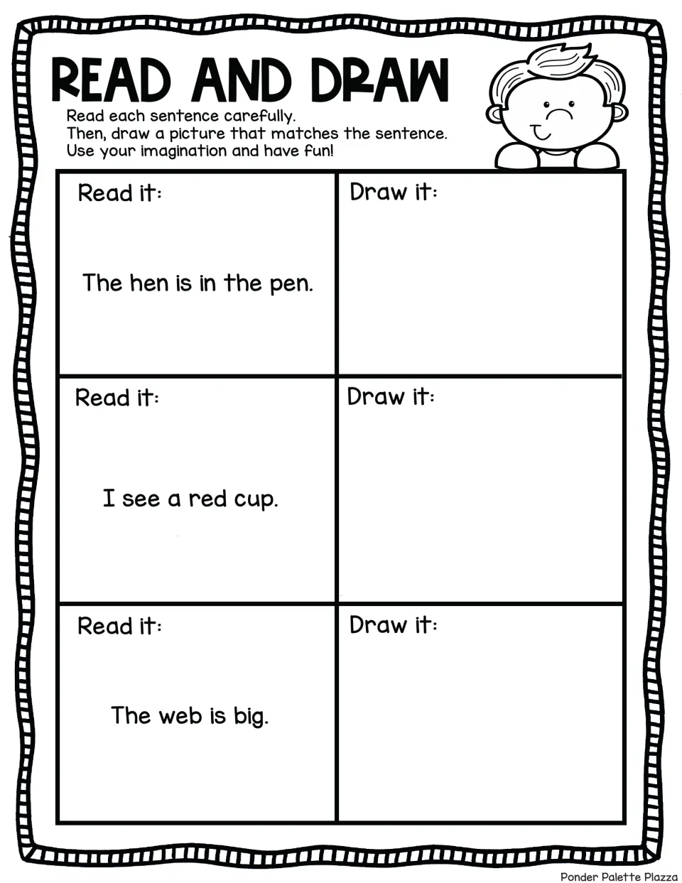 Decodable sentence pictures: students read and sketch The hen is in the pen, I see a red cup and The web is big