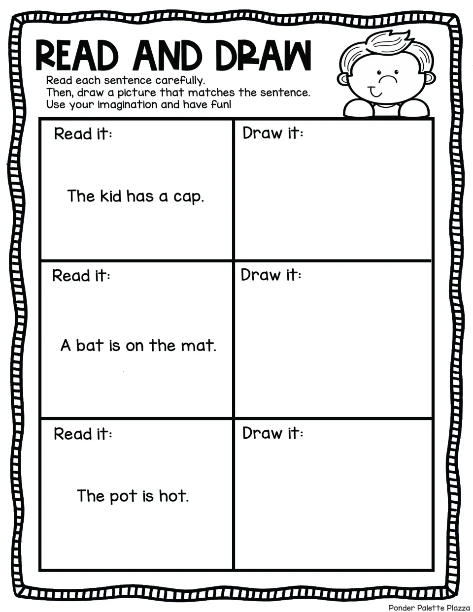 Reading for meaning: students draw what they read in The kid has a cap, A bat is on the mat and The pot is hot
