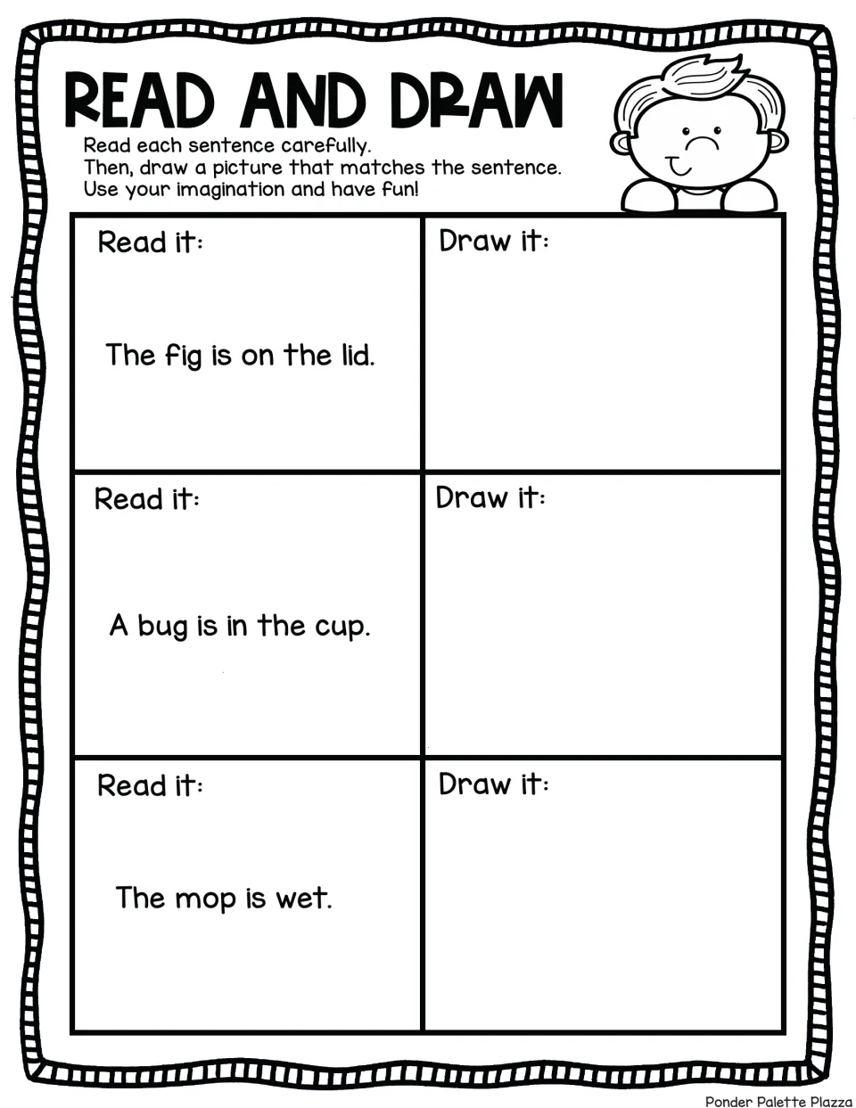 CVC word sentences: students read The fig is on the lid, A bug is in the cup and The mop is wet, then draw a match