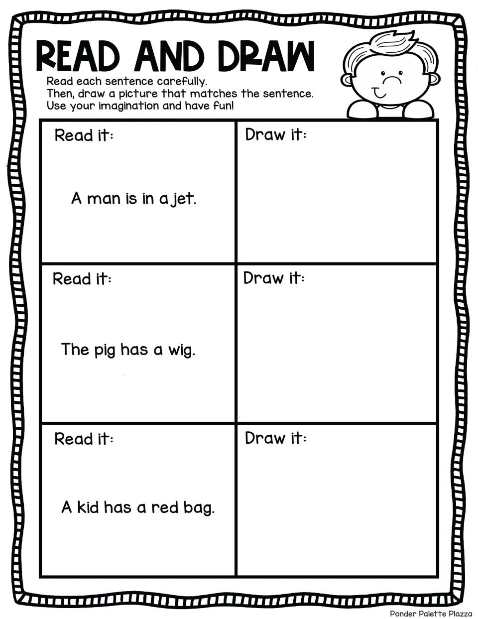Picture-the-sentence practice: students draw A man is in a jet, The pig has a wig and A kid has a red bag after reading