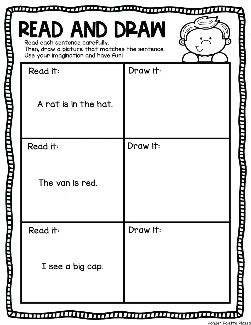Visualizing short sentences: students read A rat is in the hat, The van is red and I see a big cap, then illustrate each