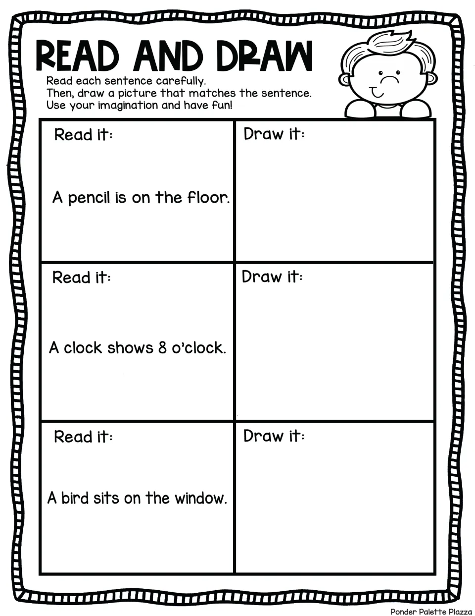 Sentence comprehension: students read about a pencil on the floor, a clock at 8 o'clock and a bird, then draw each one