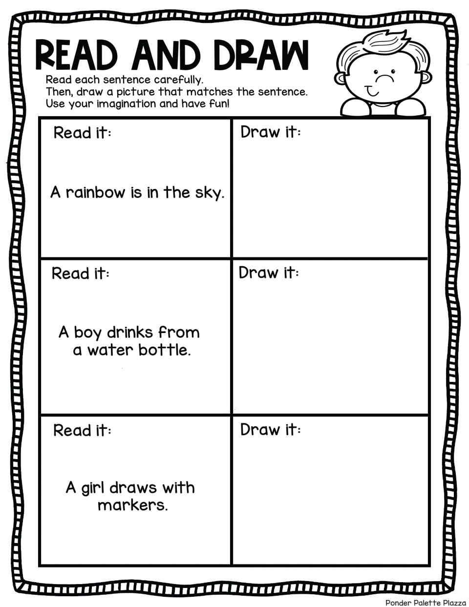 Reading to draw: students picture a rainbow in the sky, a boy drinking from a water bottle and a girl drawing with markers