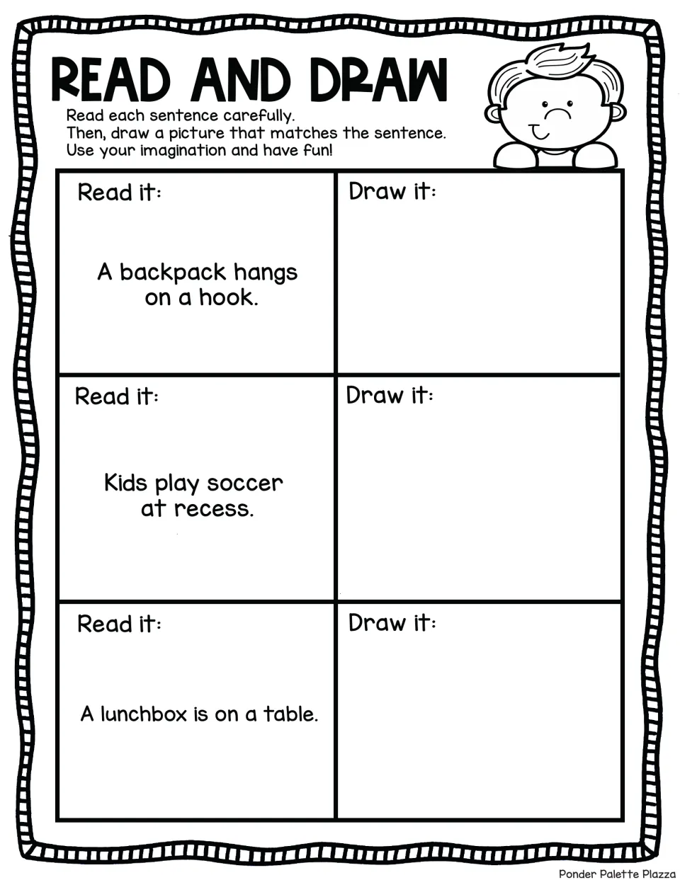 School-day sentences: students read about a backpack on a hook, soccer at recess and a lunchbox on a table, then draw them