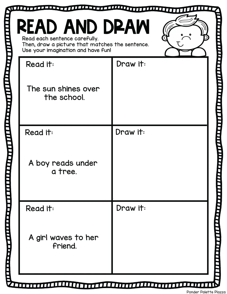 Visualizing sentences: students draw the sun over the school, a boy reading under a tree and a girl waving to a friend