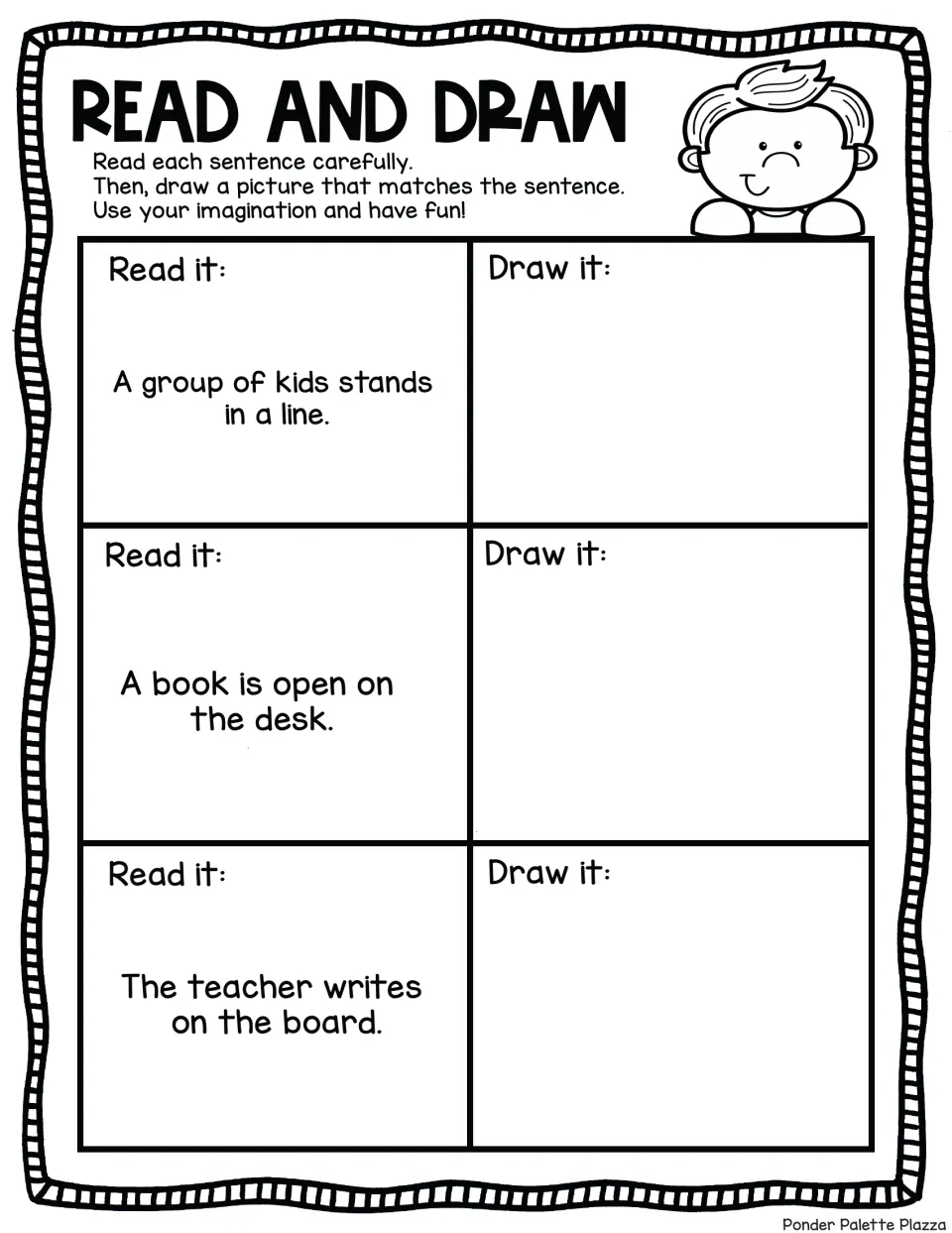 Classroom scenes to illustrate: kids standing in a line, a book open on the desk and the teacher writing on the board