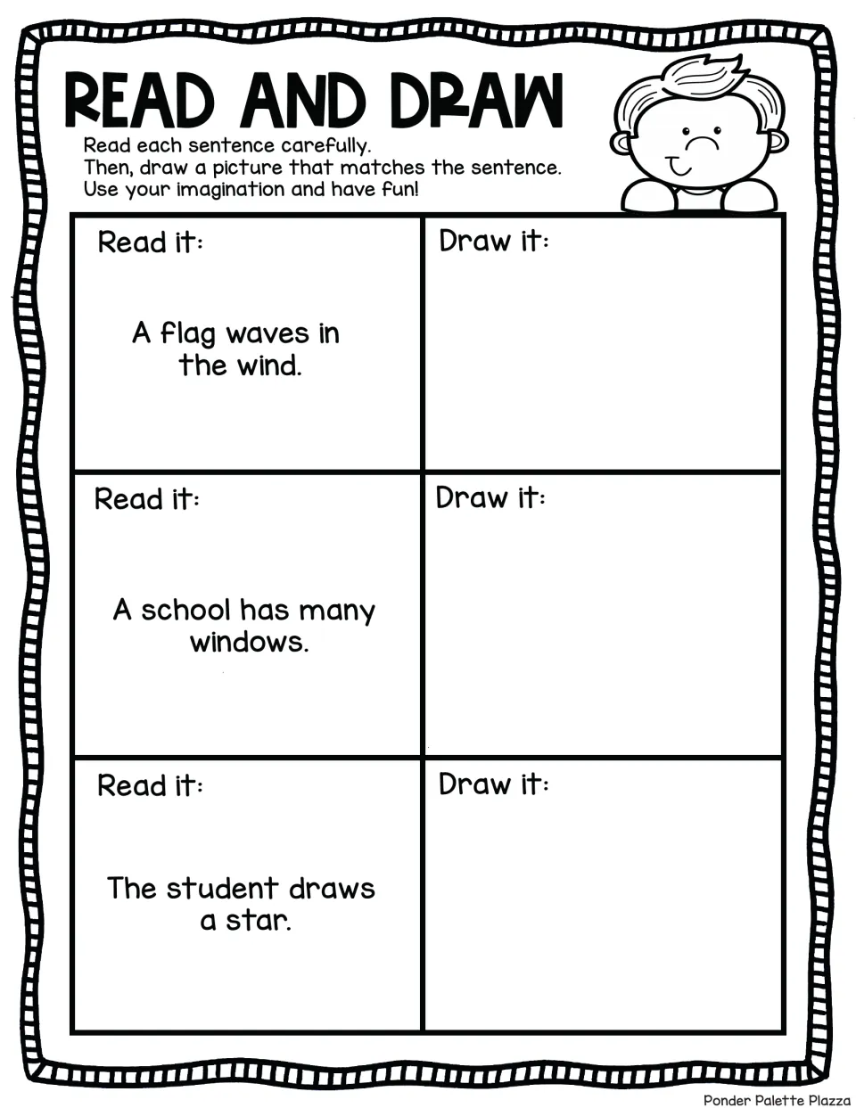 Reading for detail: students draw a flag waving in the wind, a school with many windows and a student drawing a star