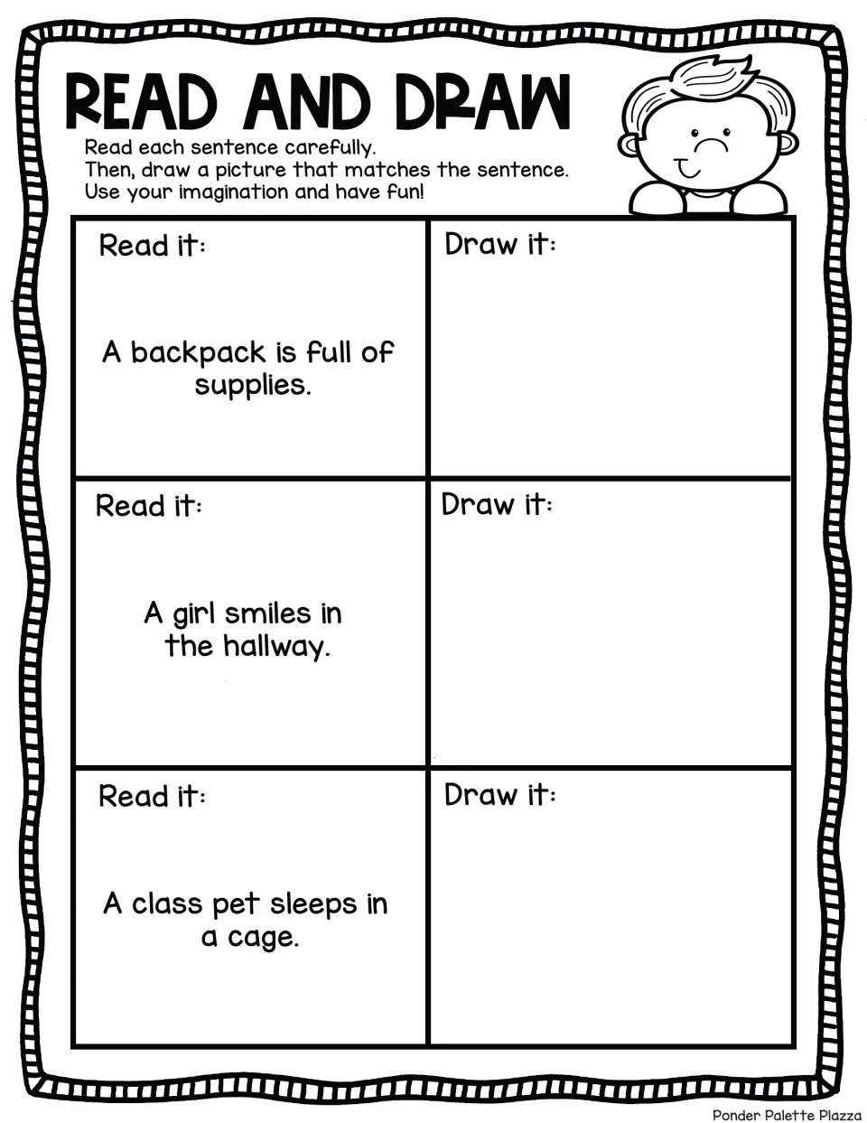 Back-to-school sentences: students draw a backpack full of supplies, a girl smiling in the hallway and a class pet asleep