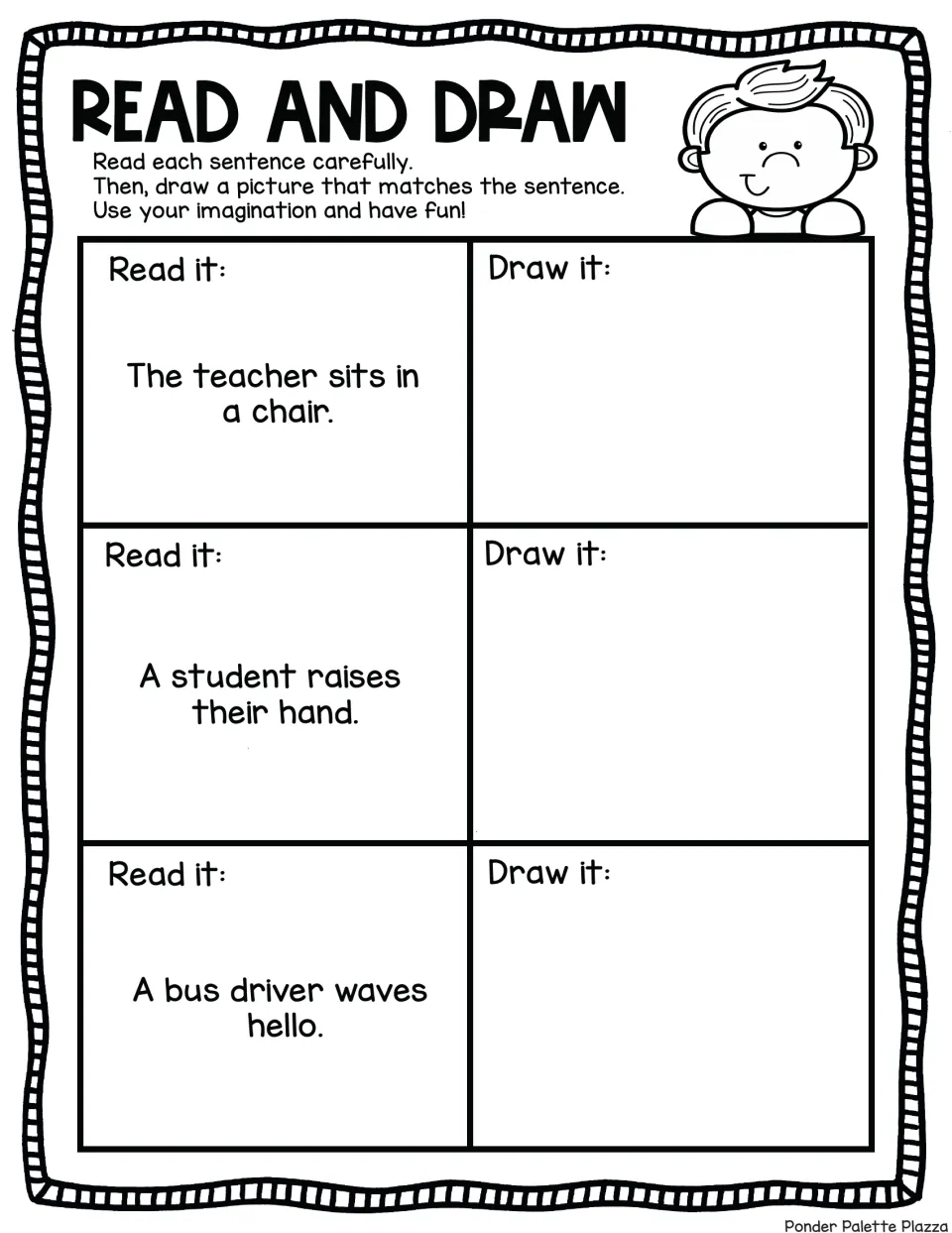School people sentences: students draw the teacher in a chair, a student raising their hand and a bus driver waving hello