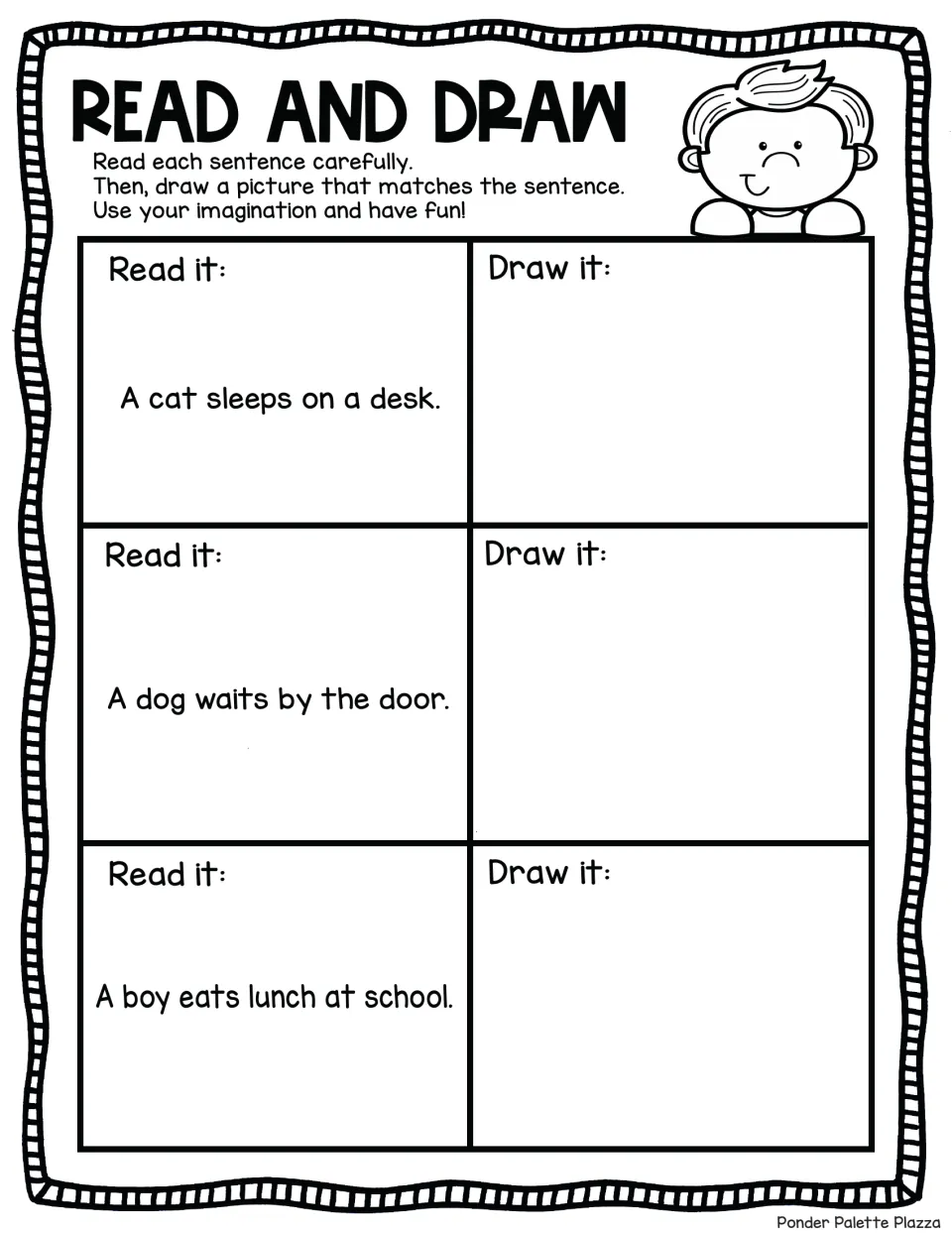 Picture-the-sentence practice: students draw a cat sleeping on a desk, a dog waiting by the door and a boy eating lunch