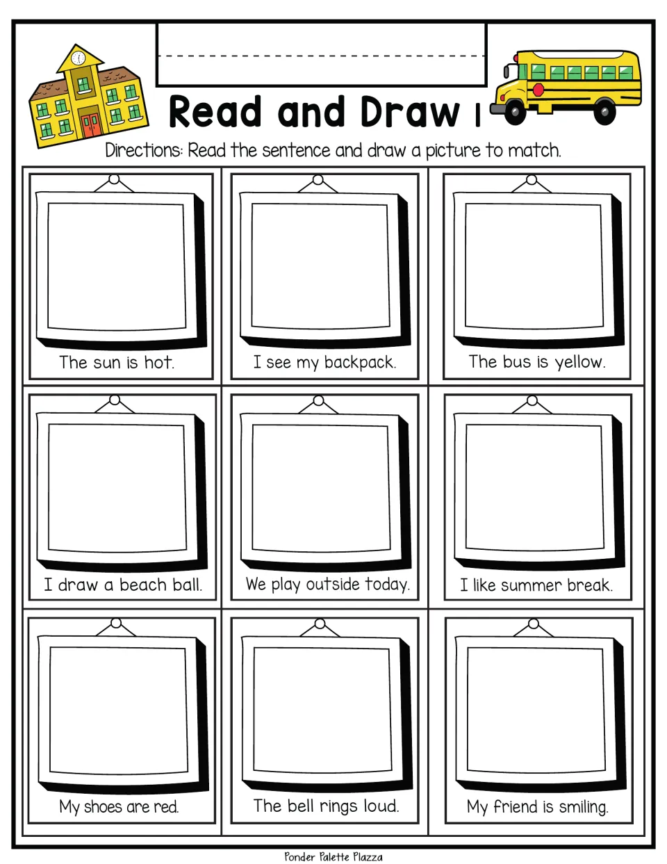 Read and Draw 1: students read 9 sentences such as The sun is hot and The bus is yellow, then draw a picture for each