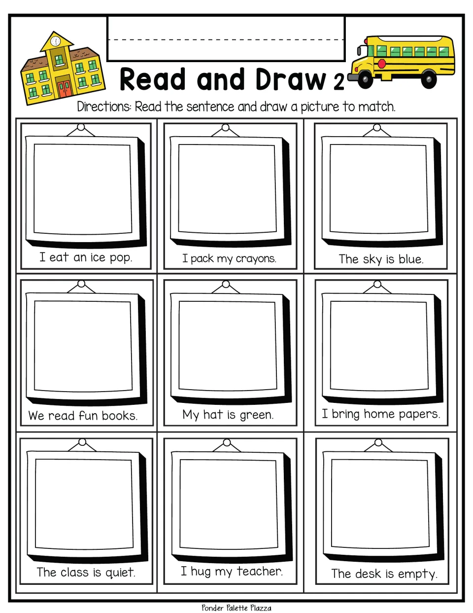 Read and Draw 2: students read 9 sentences such as I eat an ice pop and I hug my teacher, then sketch a matching picture