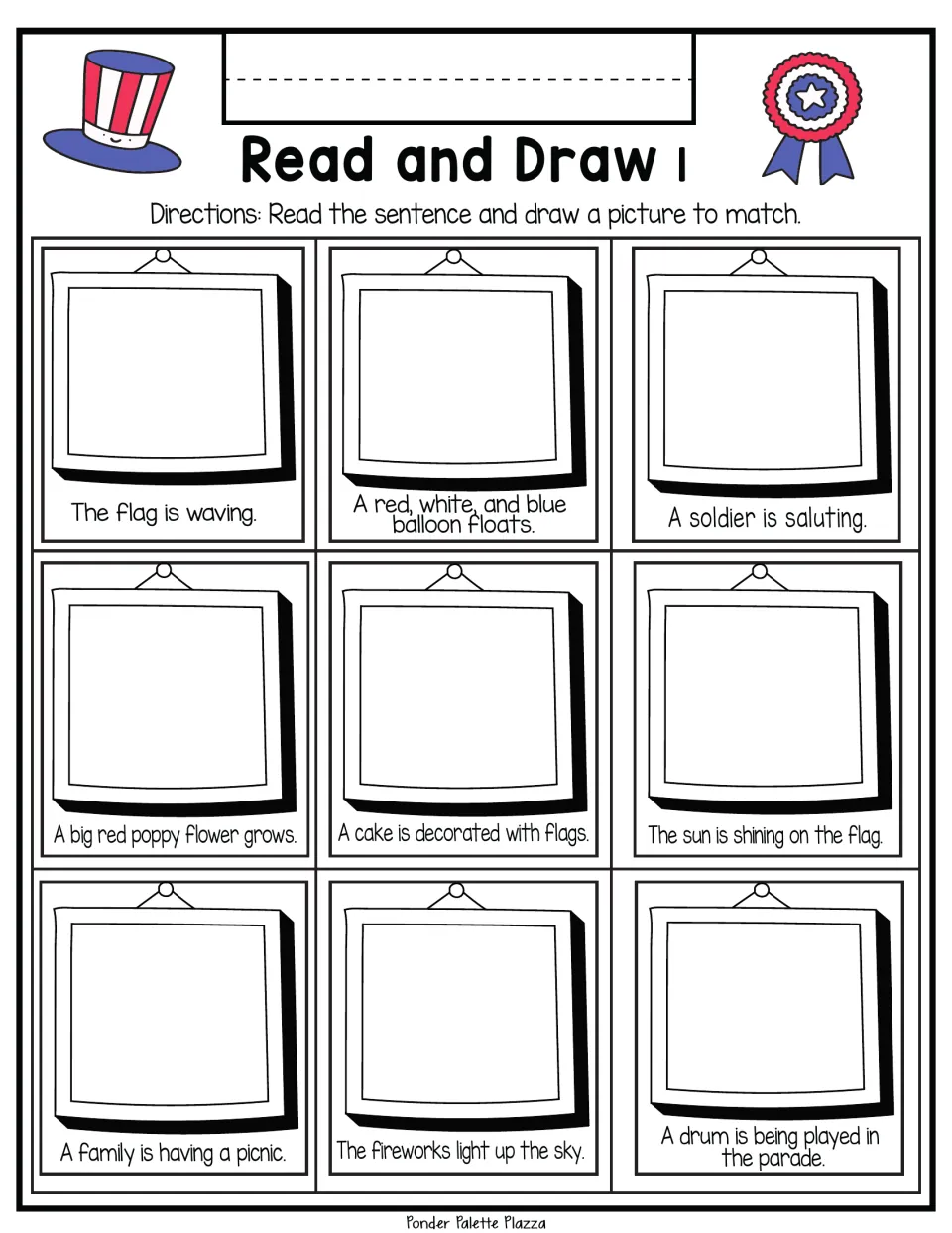 Memorial Day reading comprehension: students read 9 sentences, such as a soldier saluting, and draw a picture to match each
