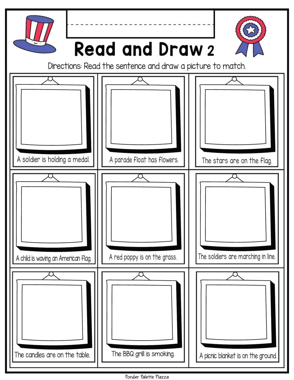 Memorial Day sentences to illustrate: students read about a medal, a parade float, a BBQ grill and a picnic blanket to draw