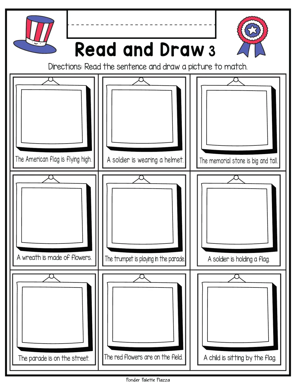 Memorial Day sentence pictures, set 3: students draw a flower wreath, a parade trumpet, a tall memorial stone and a helmet