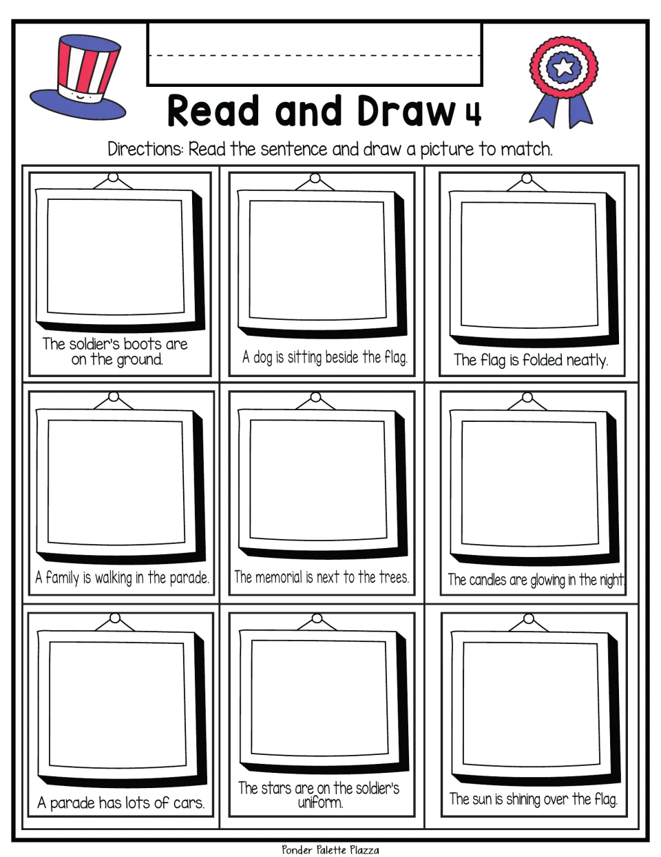 Memorial Day reading, set 4: students read sentences and draw a folded flag, a dog by the flag, boots and glowing candles