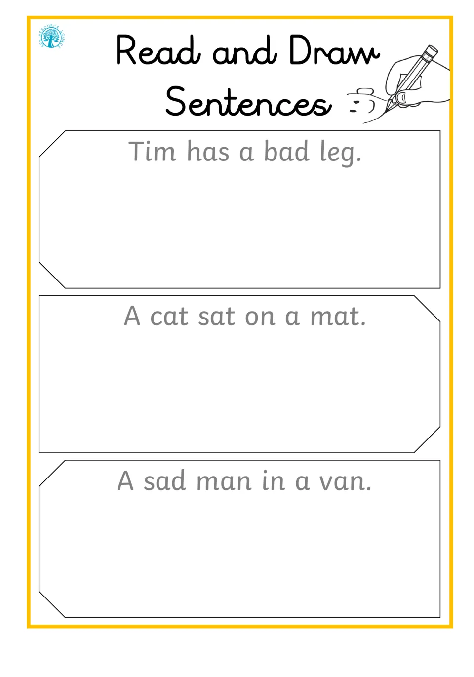 CVC sentence reading: students read Tim has a bad leg, A cat sat on a mat, A sad man in a van and draw each one