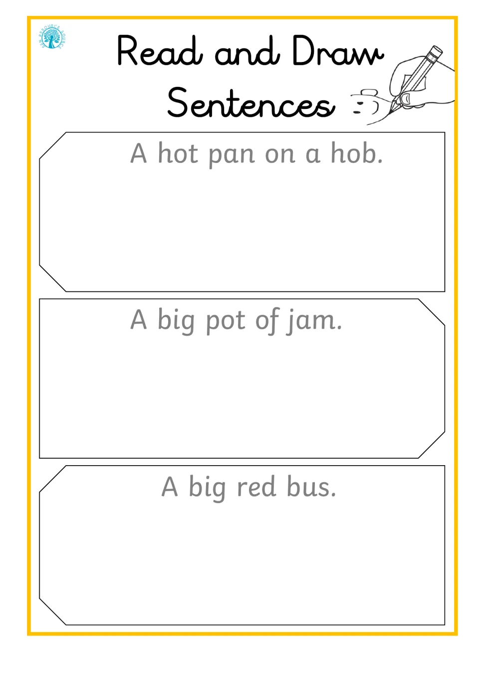 Short-vowel sentences to illustrate: students read A hot pan on a hob, A big pot of jam, A big red bus and draw them