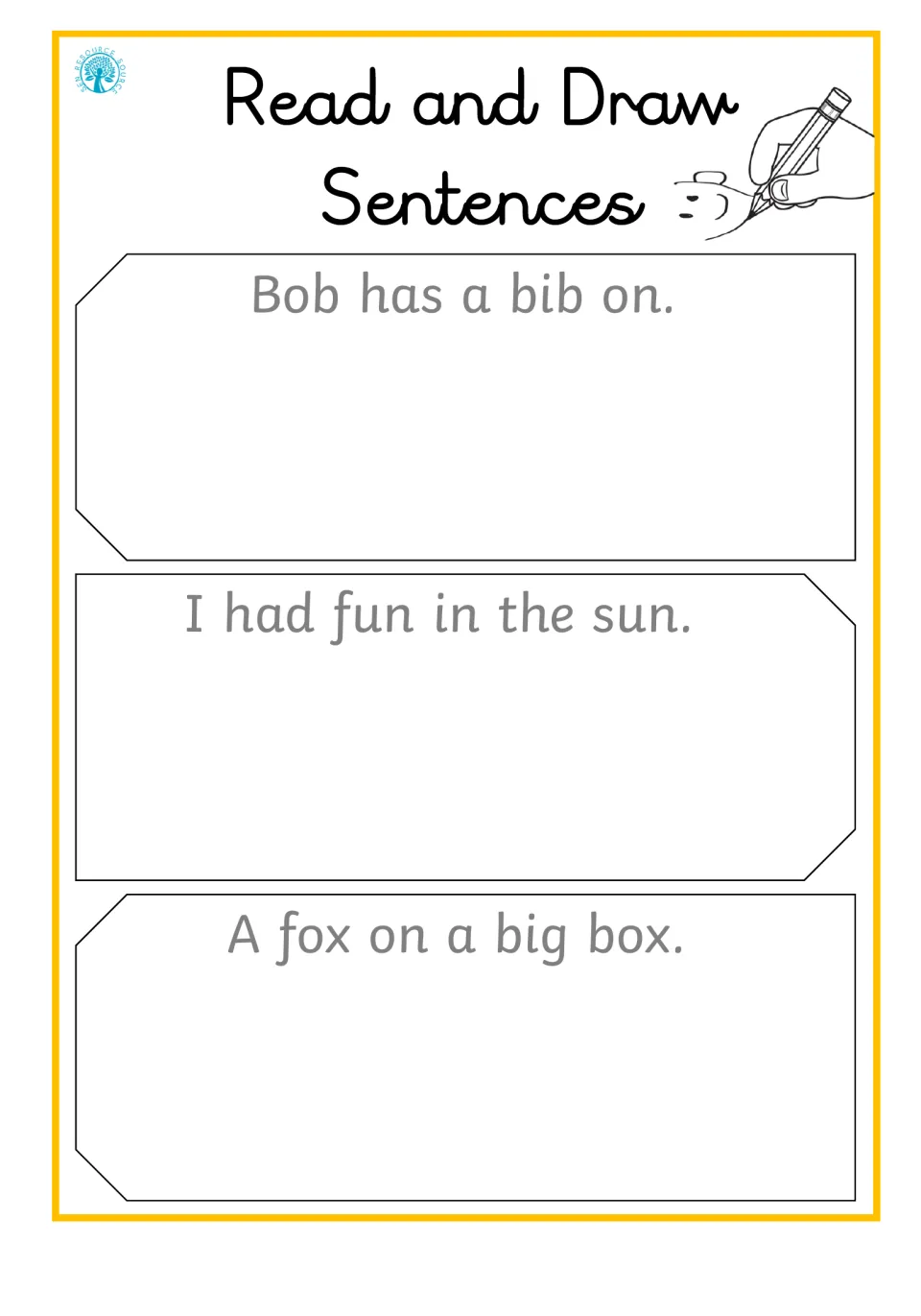 Reading comprehension by drawing: students illustrate Bob has a bib on, I had fun in the sun and A fox on a big box