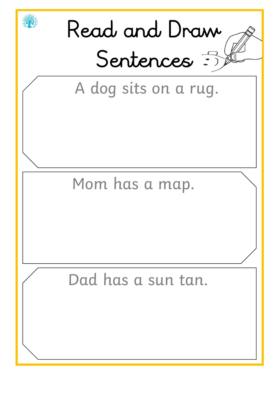 Decodable CVC sentences: students read A dog sits on a rug, Mom has a map, Dad has a sun tan and sketch each scene