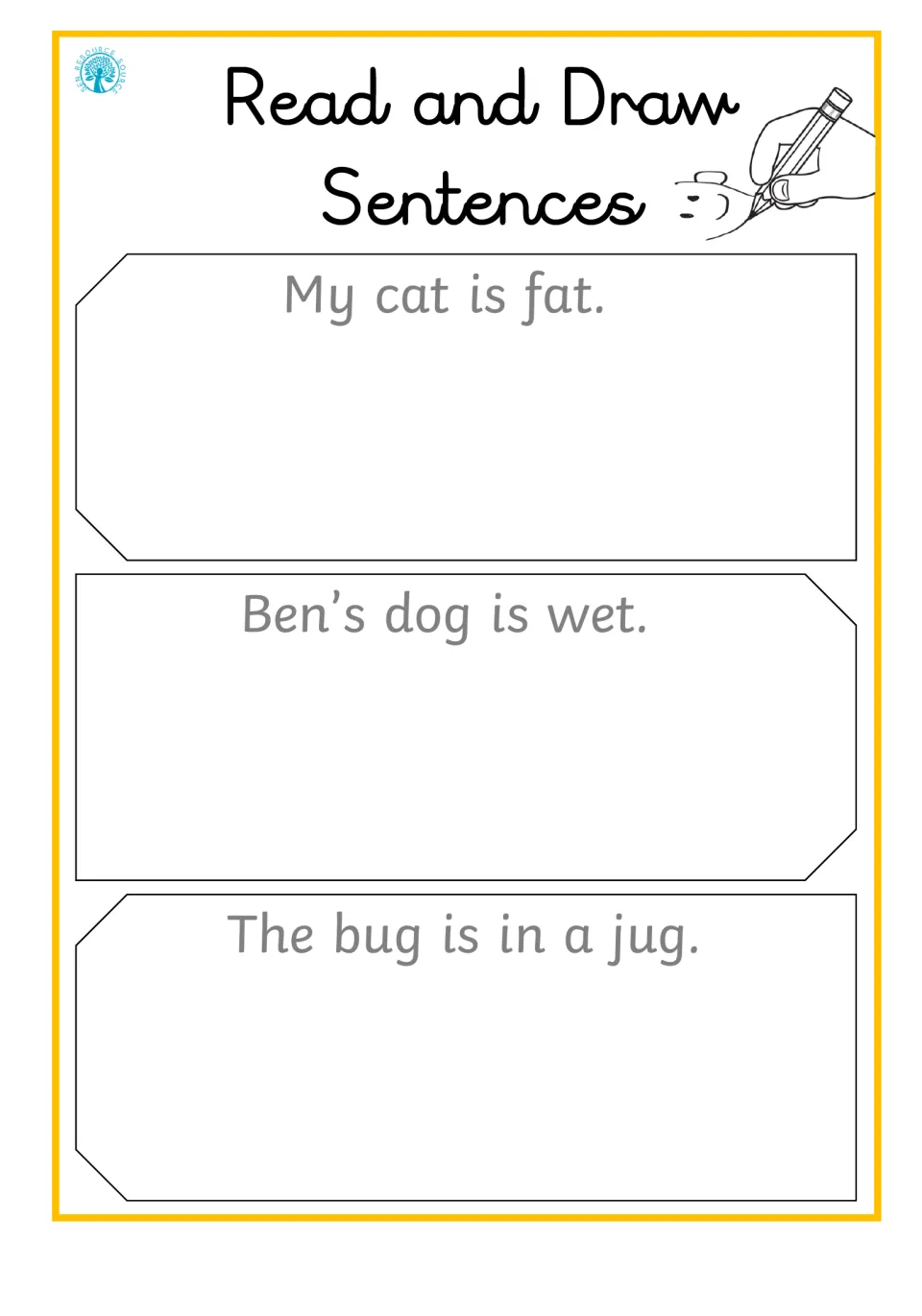 Simple sentence decoding: students read My cat is fat, Ben's dog is wet, The bug is in a jug and draw a picture for each