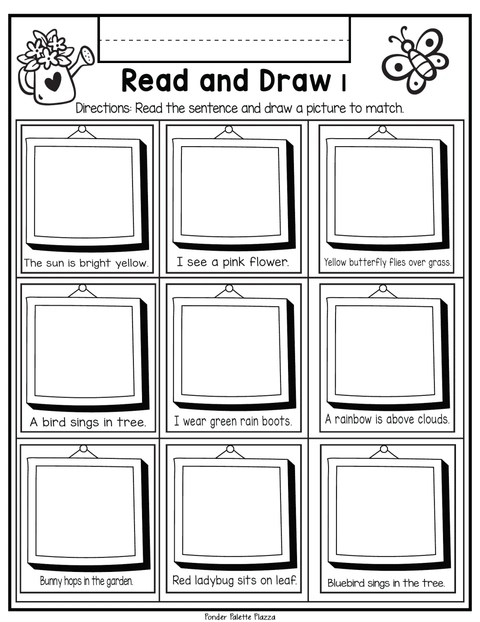 Read and Draw 1: students read 9 spring sentences, such as a pink flower and green rain boots, and draw a matching picture