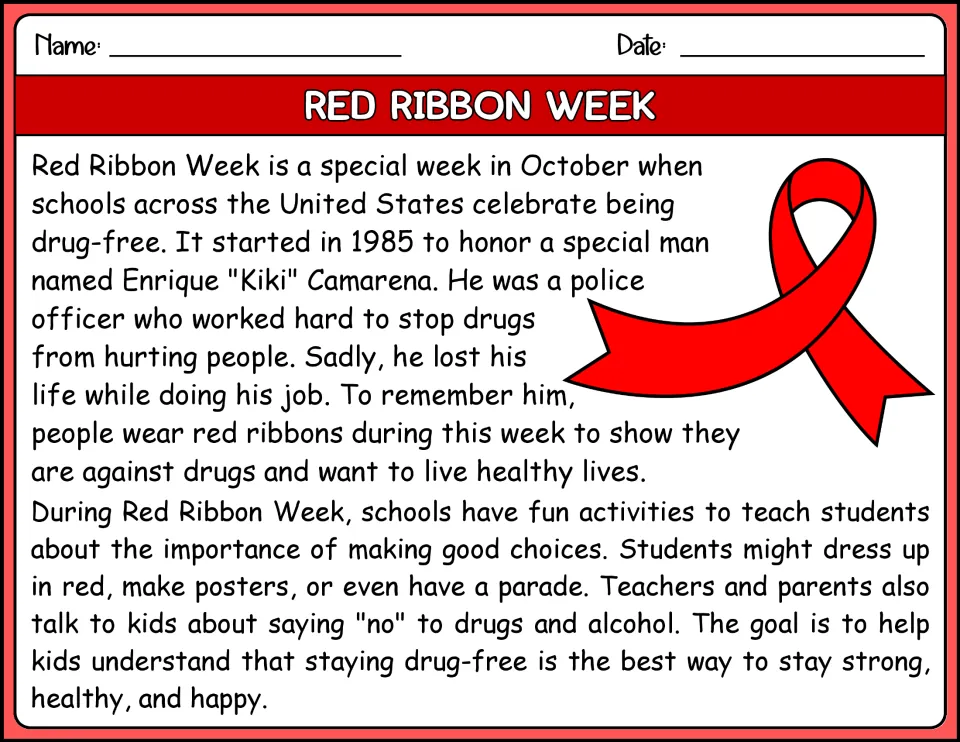 Red Ribbon Week reading passage in color: students read about its 1985 start honoring Enrique "Kiki" Camarena